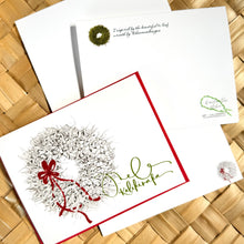 Load image into Gallery viewer, Mele Kalikimaka Card - Large Ti Leaf with Red Ribbon and Green Text
